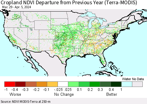 United States Cropland NDVI Departure from Previous Year (Terra-MODIS) Thematic Map For 3/29/2024 - 4/5/2024