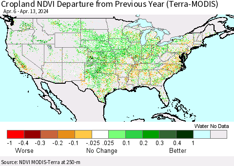 United States Cropland NDVI Departure from Previous Year (Terra-MODIS) Thematic Map For 4/6/2024 - 4/13/2024