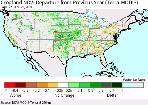 United States Cropland NDVI Departure from Previous Year (Terra-MODIS) Thematic Map For 4/22/2024 - 4/29/2024