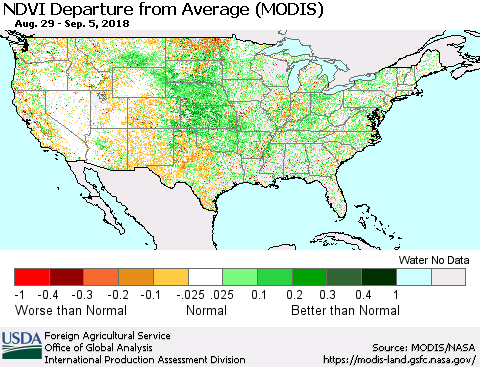 United States NDVI Departure from Average (Terra-MODIS) Thematic Map For 9/1/2018 - 9/10/2018