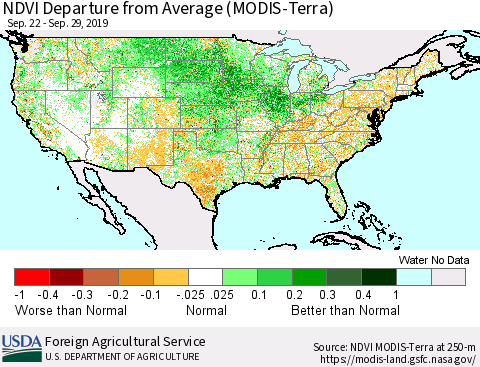 United States NDVI Departure from Average (Terra-MODIS) Thematic Map For 9/21/2019 - 9/30/2019