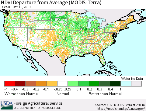 United States NDVI Departure from Average (Terra-MODIS) Thematic Map For 10/11/2019 - 10/20/2019