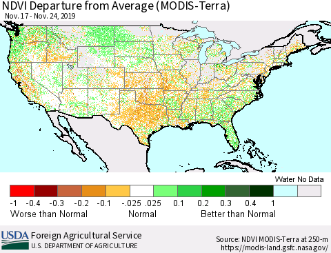 United States NDVI Departure from Average (Terra-MODIS) Thematic Map For 11/21/2019 - 11/30/2019