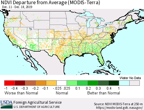 United States NDVI Departure from Average (Terra-MODIS) Thematic Map For 12/11/2019 - 12/20/2019