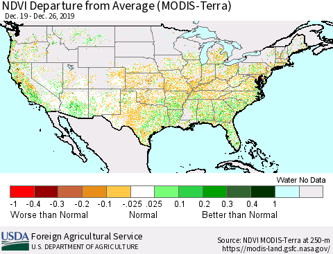United States NDVI Departure from Average (Terra-MODIS) Thematic Map For 12/21/2019 - 12/31/2019