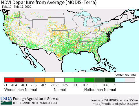 United States NDVI Departure from Average (Terra-MODIS) Thematic Map For 2/11/2020 - 2/20/2020
