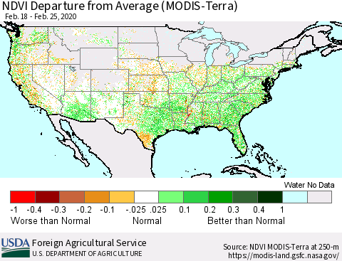 United States NDVI Departure from Average (Terra-MODIS) Thematic Map For 2/21/2020 - 2/29/2020