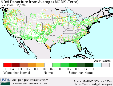 United States NDVI Departure from Average (Terra-MODIS) Thematic Map For 3/11/2020 - 3/20/2020