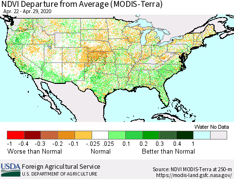 United States NDVI Departure from Average (Terra-MODIS) Thematic Map For 4/21/2020 - 4/30/2020