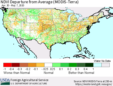 United States NDVI Departure from Average (Terra-MODIS) Thematic Map For 5/1/2020 - 5/10/2020