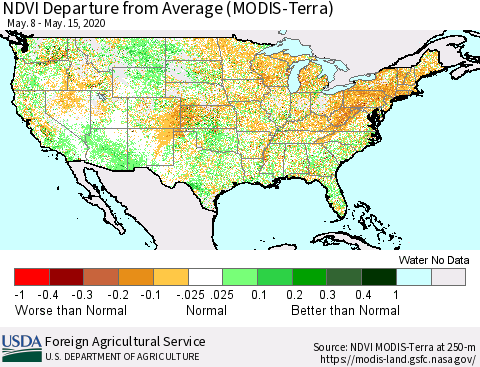 United States NDVI Departure from Average (Terra-MODIS) Thematic Map For 5/11/2020 - 5/20/2020