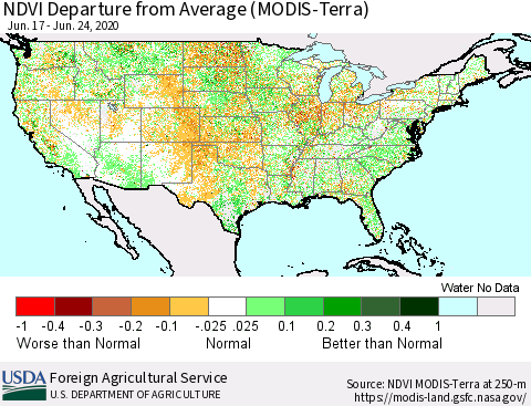 United States NDVI Departure from Average (Terra-MODIS) Thematic Map For 6/21/2020 - 6/30/2020
