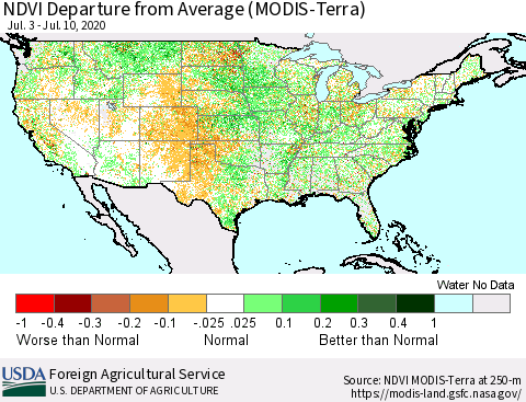 United States NDVI Departure from Average (Terra-MODIS) Thematic Map For 7/1/2020 - 7/10/2020