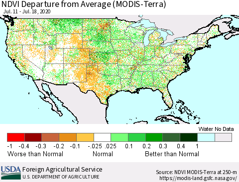 United States NDVI Departure from Average (Terra-MODIS) Thematic Map For 7/11/2020 - 7/20/2020