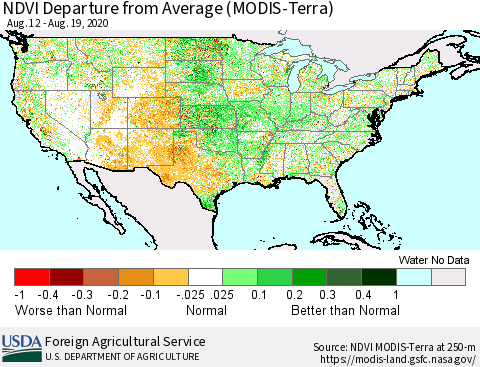 United States NDVI Departure from Average (Terra-MODIS) Thematic Map For 8/11/2020 - 8/20/2020