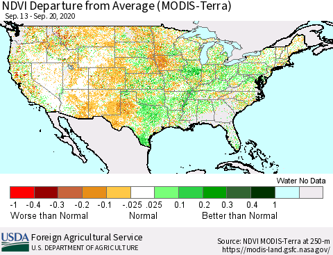 United States NDVI Departure from Average (Terra-MODIS) Thematic Map For 9/11/2020 - 9/20/2020