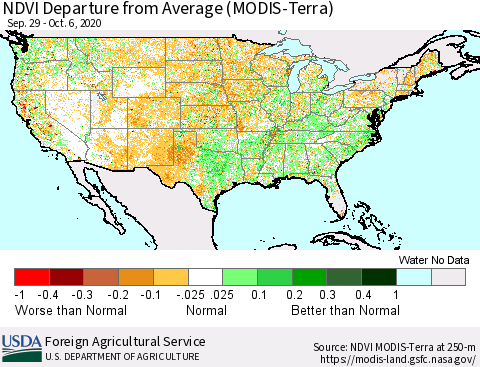 United States NDVI Departure from Average (Terra-MODIS) Thematic Map For 10/1/2020 - 10/10/2020