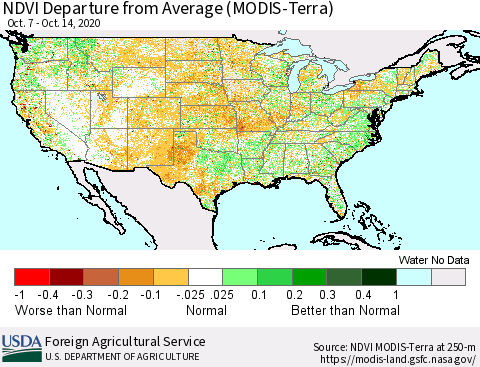 United States NDVI Departure from Average (MODIS-Terra) Thematic Map For 10/11/2020 - 10/20/2020