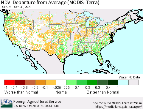 United States NDVI Departure from Average (Terra-MODIS) Thematic Map For 10/21/2020 - 10/31/2020
