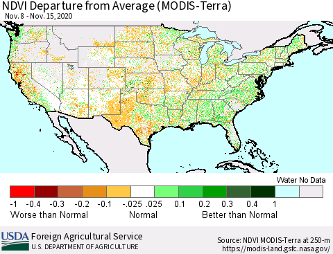 United States NDVI Departure from Average (Terra-MODIS) Thematic Map For 11/11/2020 - 11/20/2020