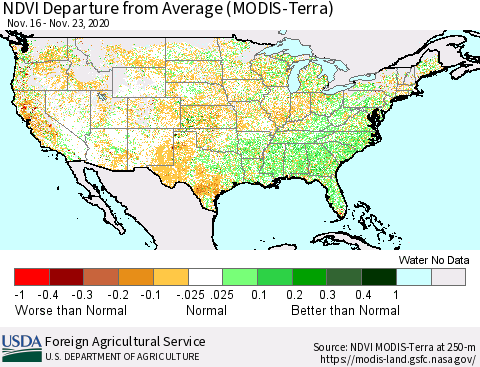 United States NDVI Departure from Average (MODIS-Terra) Thematic Map For 11/21/2020 - 11/30/2020