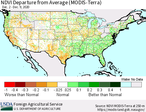 United States NDVI Departure from Average (MODIS-Terra) Thematic Map For 12/1/2020 - 12/10/2020