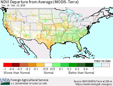 United States NDVI Departure from Average (Terra-MODIS) Thematic Map For 12/21/2020 - 12/31/2020