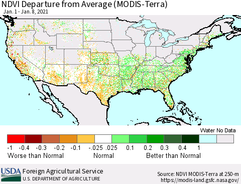 United States NDVI Departure from Average (Terra-MODIS) Thematic Map For 1/1/2021 - 1/10/2021