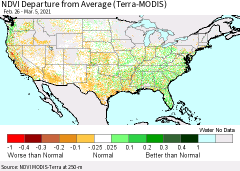 United States NDVI Departure from Average (Terra-MODIS) Thematic Map For 2/26/2021 - 3/5/2021