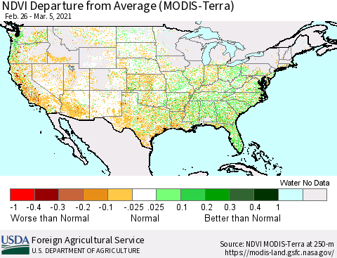 United States NDVI Departure from Average (MODIS-Terra) Thematic Map For 3/1/2021 - 3/10/2021