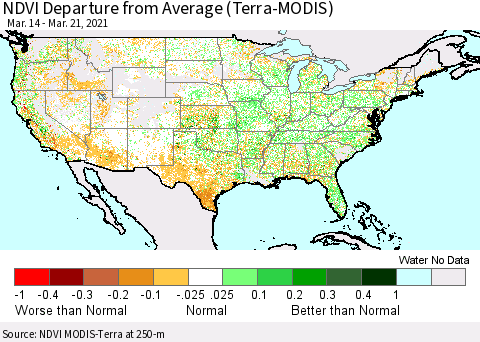 United States NDVI Departure from Average (Terra-MODIS) Thematic Map For 3/14/2021 - 3/21/2021
