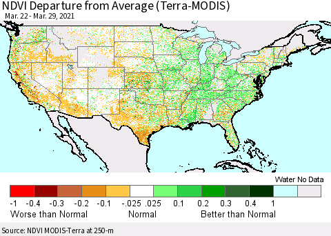 United States NDVI Departure from Average (Terra-MODIS) Thematic Map For 3/22/2021 - 3/29/2021