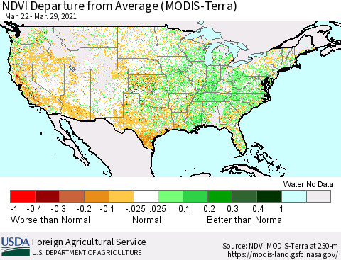 United States NDVI Departure from Average (MODIS-Terra) Thematic Map For 3/21/2021 - 3/31/2021