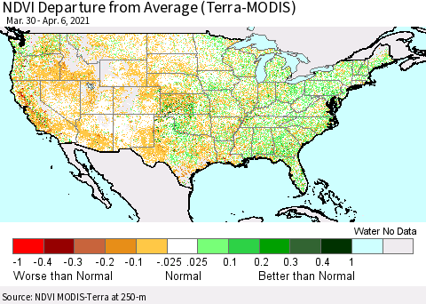 United States NDVI Departure from Average (Terra-MODIS) Thematic Map For 3/30/2021 - 4/6/2021
