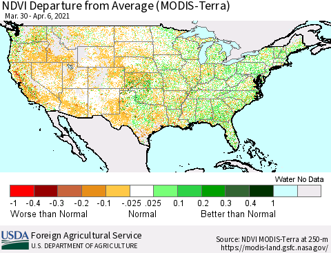 United States NDVI Departure from Average (Terra-MODIS) Thematic Map For 4/1/2021 - 4/10/2021