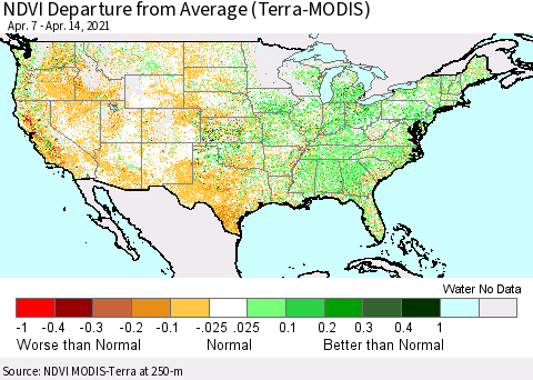 United States NDVI Departure from Average (Terra-MODIS) Thematic Map For 4/7/2021 - 4/14/2021