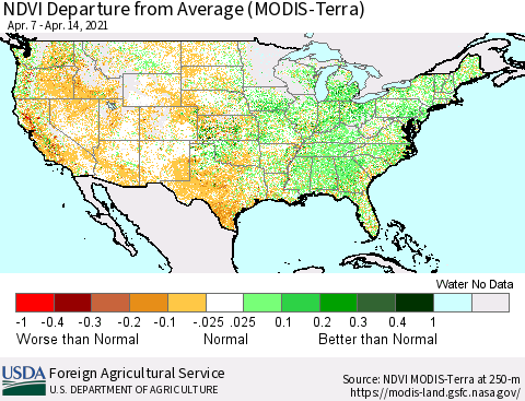 United States NDVI Departure from Average (MODIS-Terra) Thematic Map For 4/11/2021 - 4/20/2021
