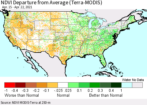 United States NDVI Departure from Average (Terra-MODIS) Thematic Map For 4/15/2021 - 4/22/2021