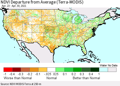 United States NDVI Departure from Average (MODIS-Terra) Thematic Map For 4/21/2021 - 4/30/2021