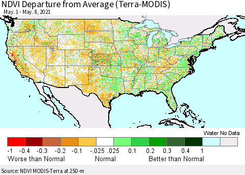 United States NDVI Departure from Average (Terra-MODIS) Thematic Map For 5/1/2021 - 5/8/2021