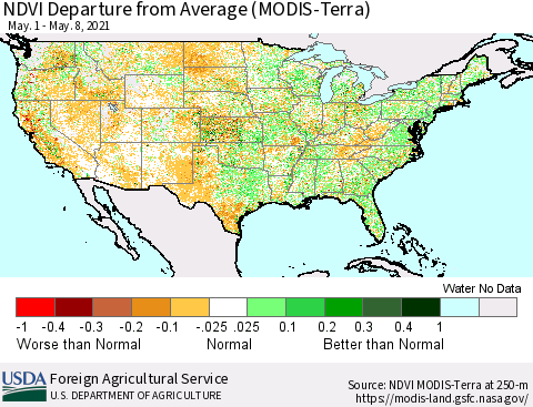 United States NDVI Departure from Average (Terra-MODIS) Thematic Map For 5/1/2021 - 5/10/2021