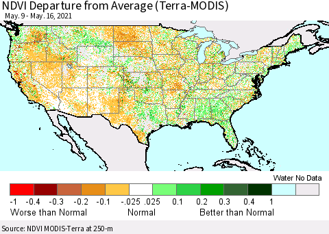 United States NDVI Departure from Average (Terra-MODIS) Thematic Map For 5/9/2021 - 5/16/2021
