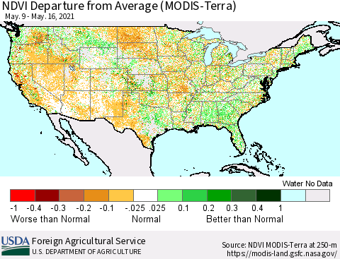 United States NDVI Departure from Average (MODIS-Terra) Thematic Map For 5/11/2021 - 5/20/2021