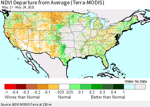 United States NDVI Departure from Average (Terra-MODIS) Thematic Map For 5/17/2021 - 5/24/2021