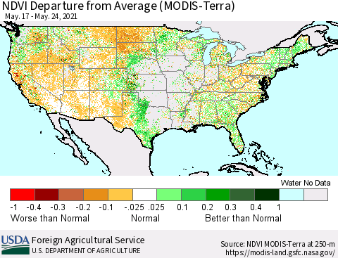 United States NDVI Departure from Average (Terra-MODIS) Thematic Map For 5/21/2021 - 5/31/2021
