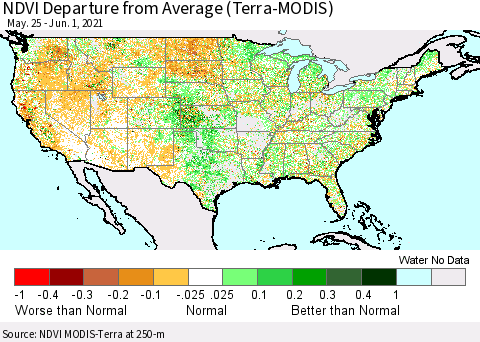 United States NDVI Departure from Average (Terra-MODIS) Thematic Map For 5/25/2021 - 6/1/2021