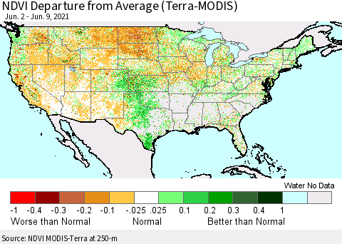 United States NDVI Departure from Average (Terra-MODIS) Thematic Map For 6/2/2021 - 6/9/2021