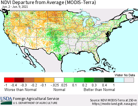 United States NDVI Departure from Average (MODIS-Terra) Thematic Map For 6/1/2021 - 6/10/2021
