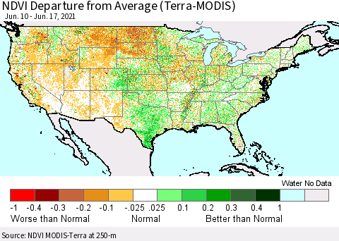 United States NDVI Departure from Average (Terra-MODIS) Thematic Map For 6/10/2021 - 6/17/2021