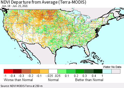 United States NDVI Departure from Average (Terra-MODIS) Thematic Map For 6/18/2021 - 6/25/2021